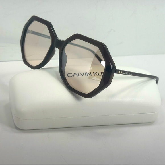 NEW Calvin Klein CK19502S Octagonal Milky Dark Brown Sunglasses - Picture 1 of 7